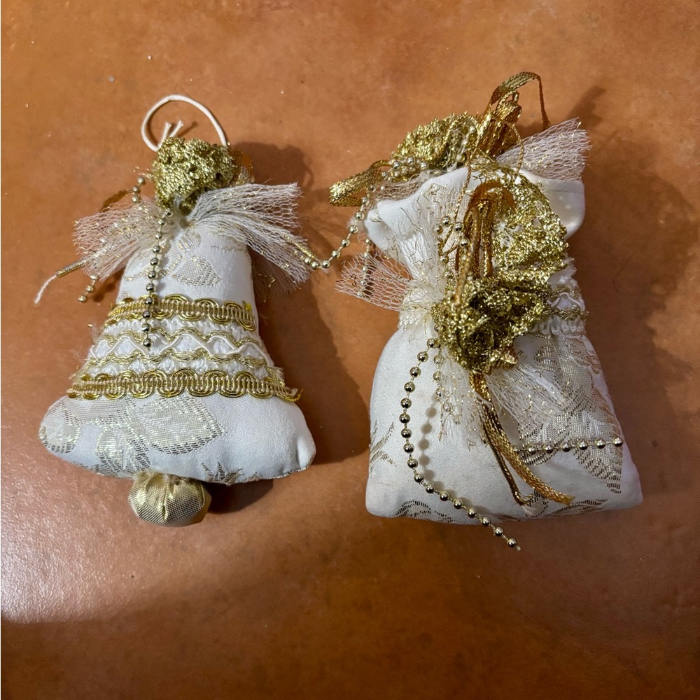 Christmas Elegant Gold and Cream Decorative Ornaments with lace, gold beads